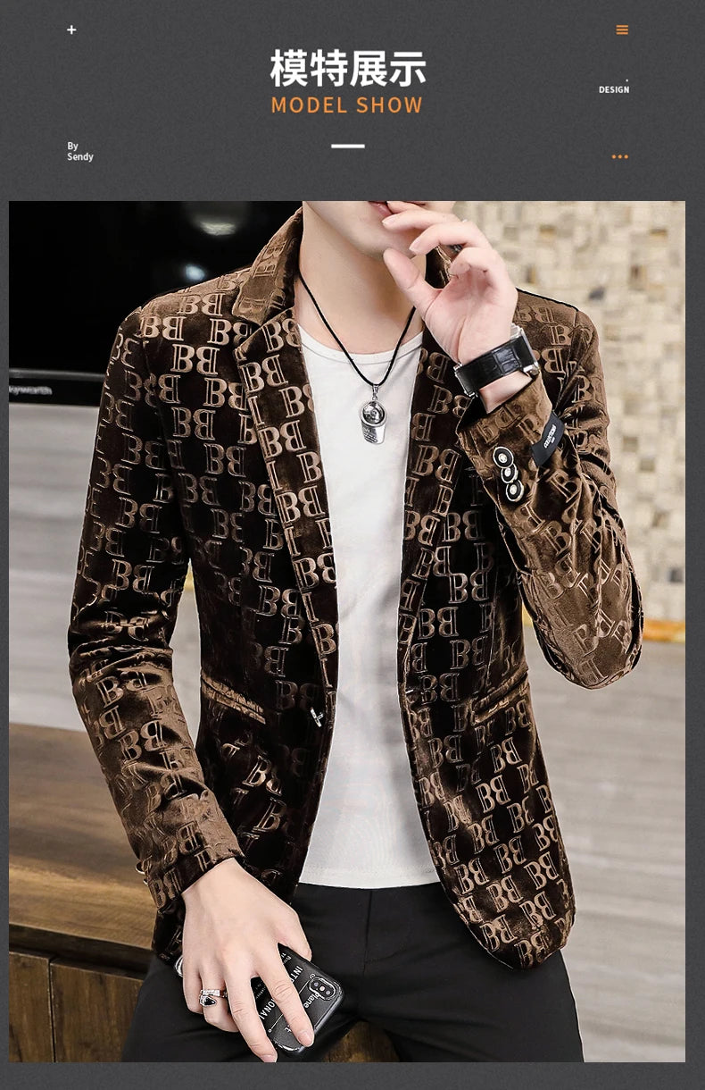 Spring New Men's Blazer Fashion Casual Boutique Business Bronzing Design Letter printing Suit  Male Slim Fit Blazers Jacket Coat