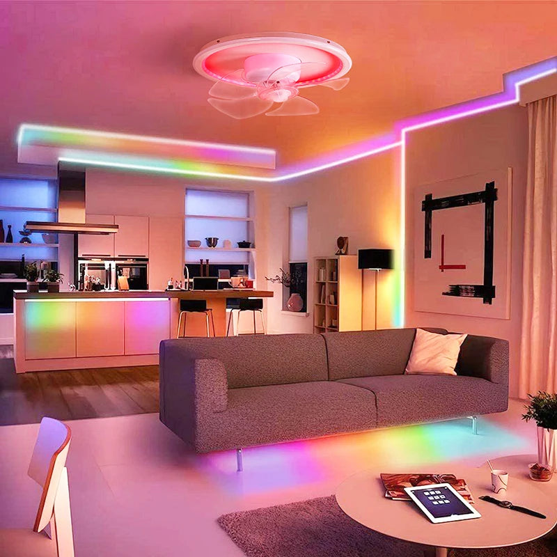 LED Ceiling Fan Lamp RGB Stepless Dimming Remote Interior Lighting Fixture Bedroom Living Home Decor Ceiling Fan With Light
