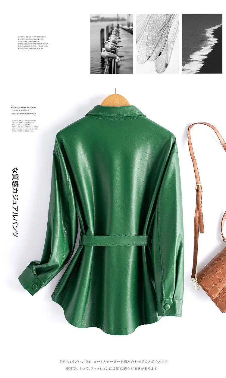 Sheepskin Leather Jacket Women Fashion Irregular Turn-down Collar Lace-up Belt Chic Office Ladies Real Split Leather Jacket Coat