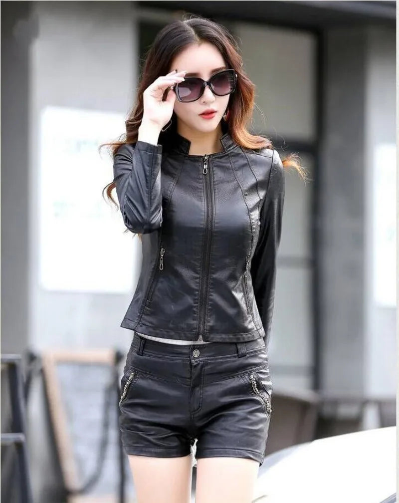 Spring Genuine Leather Jacket Women Real Orange Leather New Outerwear Sheepskin Coat Women's Moto Biker Zipper Jackets