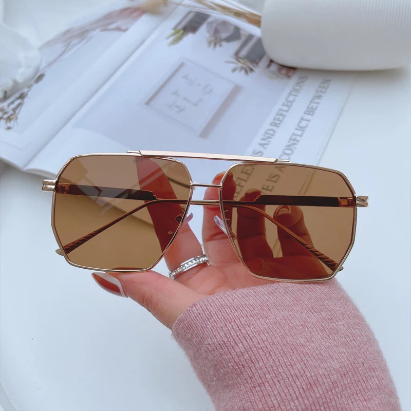 High Quality Square Polarized Sunglasses For Women Retro Oversized Double Bridge Sun Glasses Men Luxury Big Metal Goggle Shades