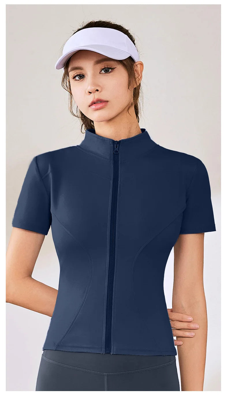 Summer High Quality Waist Slimming Training Tops Women's Quick-drying Tight Stand Collar Full Zipper Short Sleeves Yoga shirts
