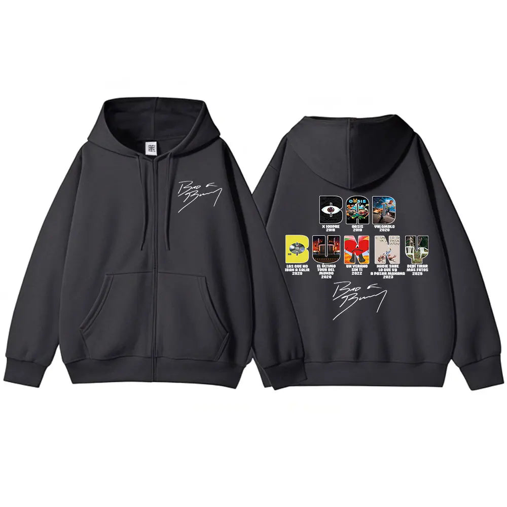 Rapper Bad Bunny Music Album Cover Print Zipper Hoodies Men Women Clothing Hip Hop Zip Up Sweatshirts Long Sleeve Hoodie Jackets