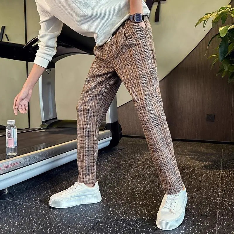 Men's Premium Stylish Color-Block Checked Straight-Leg Pants Plaid Casual Fashion Trousers Autumn Winter Pockets Male Clothes