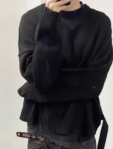 Owen Seak Men Knitted Sweater Gothic Style High Street Men's Clothing Bottoming Shirt Spring Black Baggy Pullover