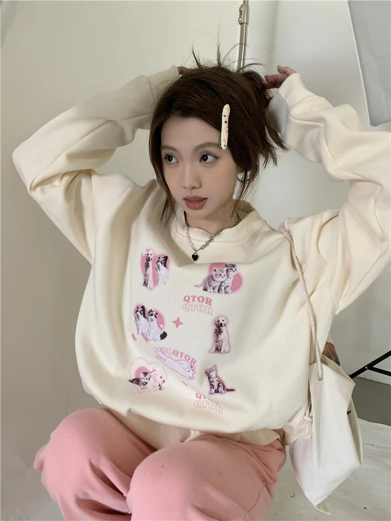 KOSAHIKI Cute Hoodies Women Letter Dog Print Sudaderas Mujer O-neck Sweatshirt Harajuku Streetwear Y2k Pullover Moletom Feminino