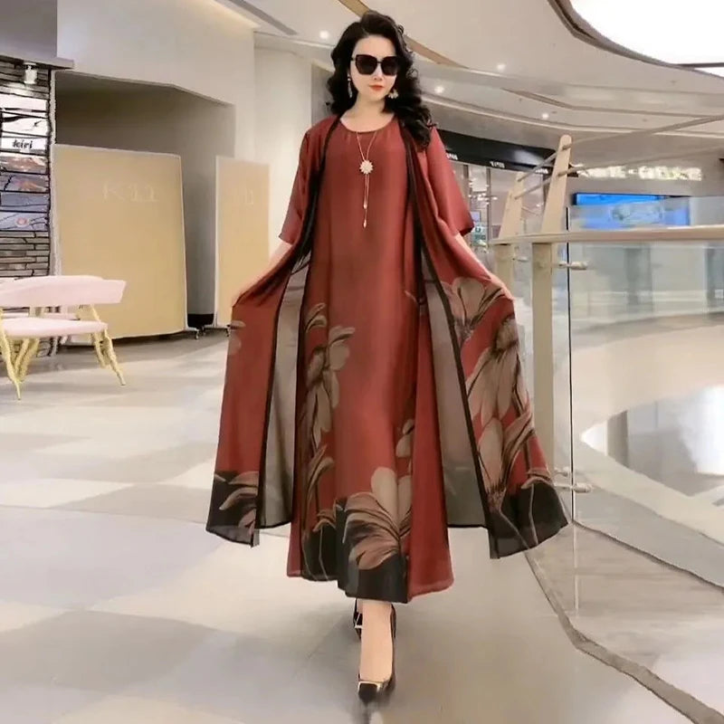 Authentic Silk Dress for Mother, Silkworm Loose Dress, High-End Print, 2-Piece Dress, Women's Dresses, Spring, Summer, New, 2023