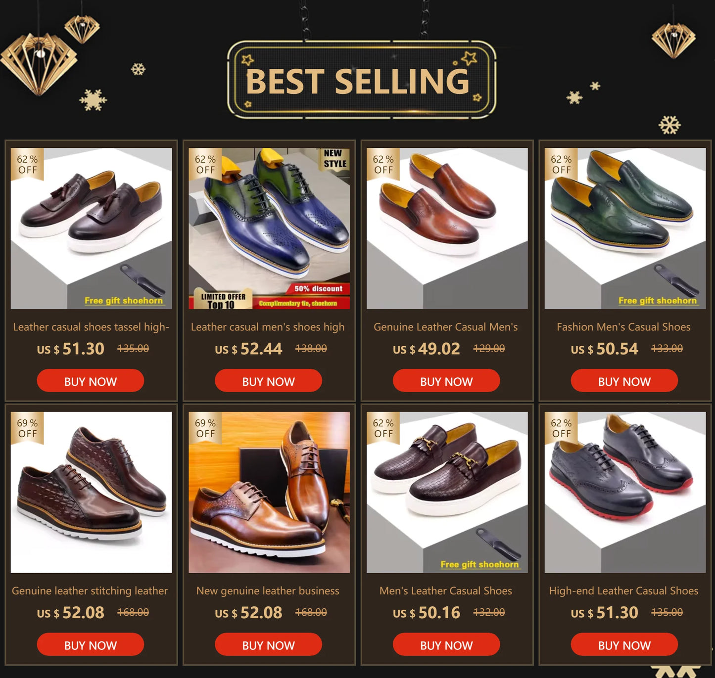 Genuine Leather Men's Casual Shoes Comfortable Lace-Up Brogue Handmade Flat Shoes Office Party Dating Formal Dress Men's Shoes