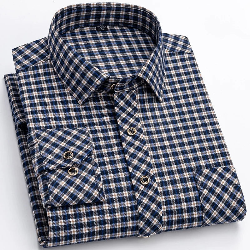 M-6XL Men's Pure Cotton Flannel Shirts Long Sleeve Single Pocket Casual Plaid Thick Soft Cozy Brushed Shirts Blouse Men Clothing