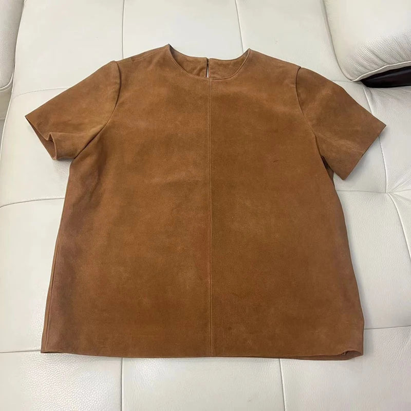 Genuine Leather Tops for Women 2025 Spring/Summer Short Straight Sleeve Round Neck Pullover Shirts & Blouses Thin Suede Blusas