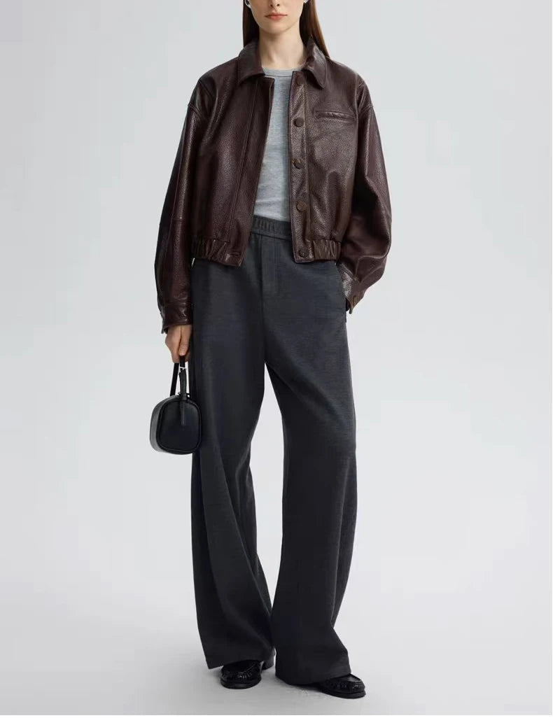 Retro Leather Bomber Jackets for Women Genuine Foam Leather Bubble Texture Short Coat Female Square-Cut Lapel Slim Fit Chaquetas