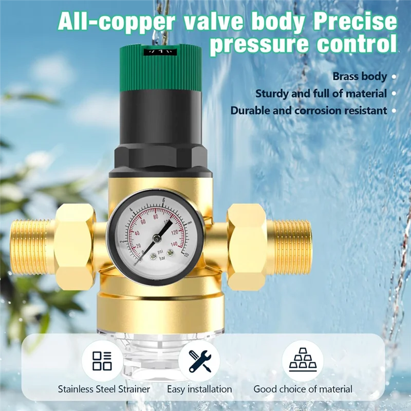 Water Pressure Regulator Water 3/4 Inch, Water Pressure Regulator With Water Pressure Gauge And Mesh Filter-AT36