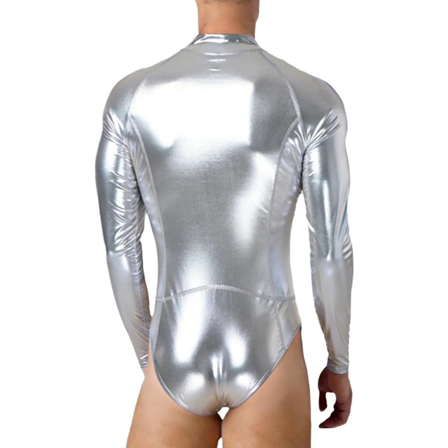 Mens Bathing Suits Swimsuits Metallic Shiny Bodysuit Long Sleeve One-piece for Nightclub Jazz Dance Beach Gymnastics Leotard
