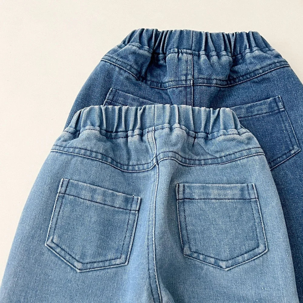 Baby clothes 2025 new children's solid color long sleeved denim set, boys and girls cardigan long pants casual sports two-piece
