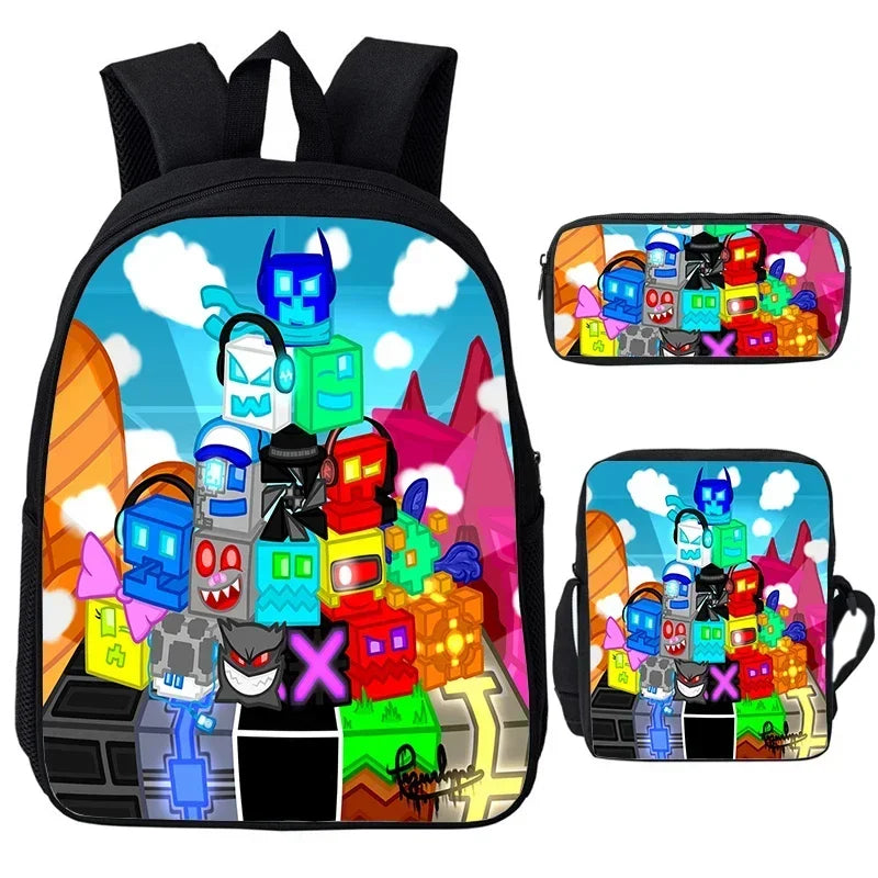 Large Capacity Bookbag 3pcs Set Boys Girls School Bags Angry Geometry Dash Cartoon Print Children Backpack Back To School Gifts