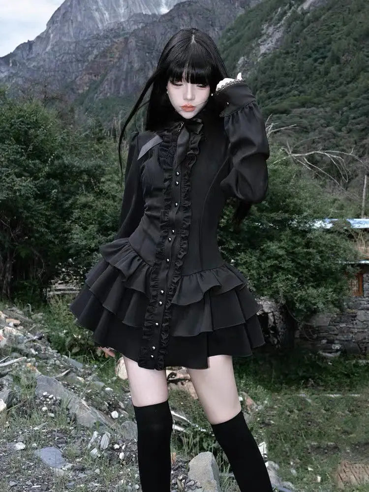 Gothic Subculture Vintage Black Dress Women Autumn Lace Long Sleeve Slim New Dresses Design Darkly Y2k A-line Hot Girl Clothes