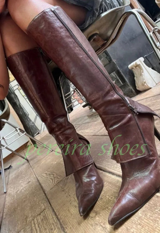 Lady Pointed Toe Sexy Turn-Over Knee Boots Vintage Style Dark Brown Pu Zipper Runway Gladiator Knee Boots Footwear Size 34-46