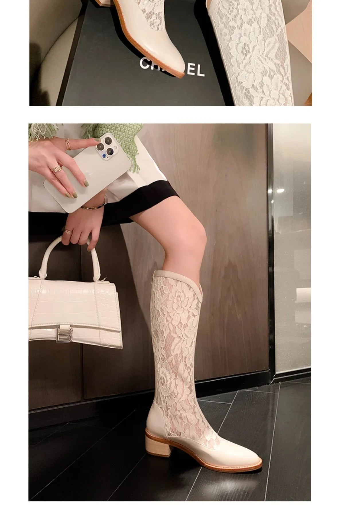 Woman Fashion Lace Flower Boots Thick Heel Pointed Toe Mid-calf Boots Female Footwear Summer Size 41 Breathable Botas De Mujer