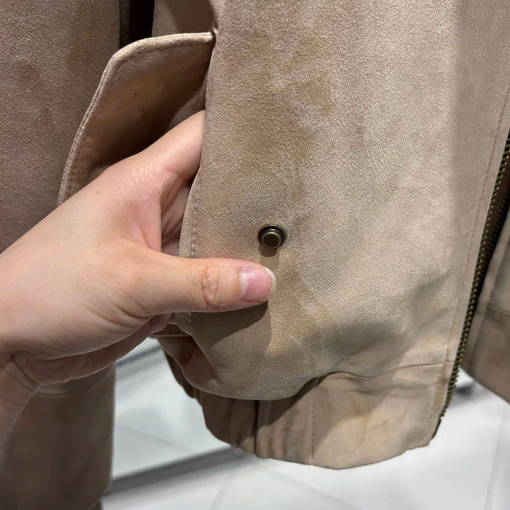 YOLOAgain Suede Leather Jacket Coat Women Real Leather Cropped Jacket Bomber Jacket 2025 Autumn