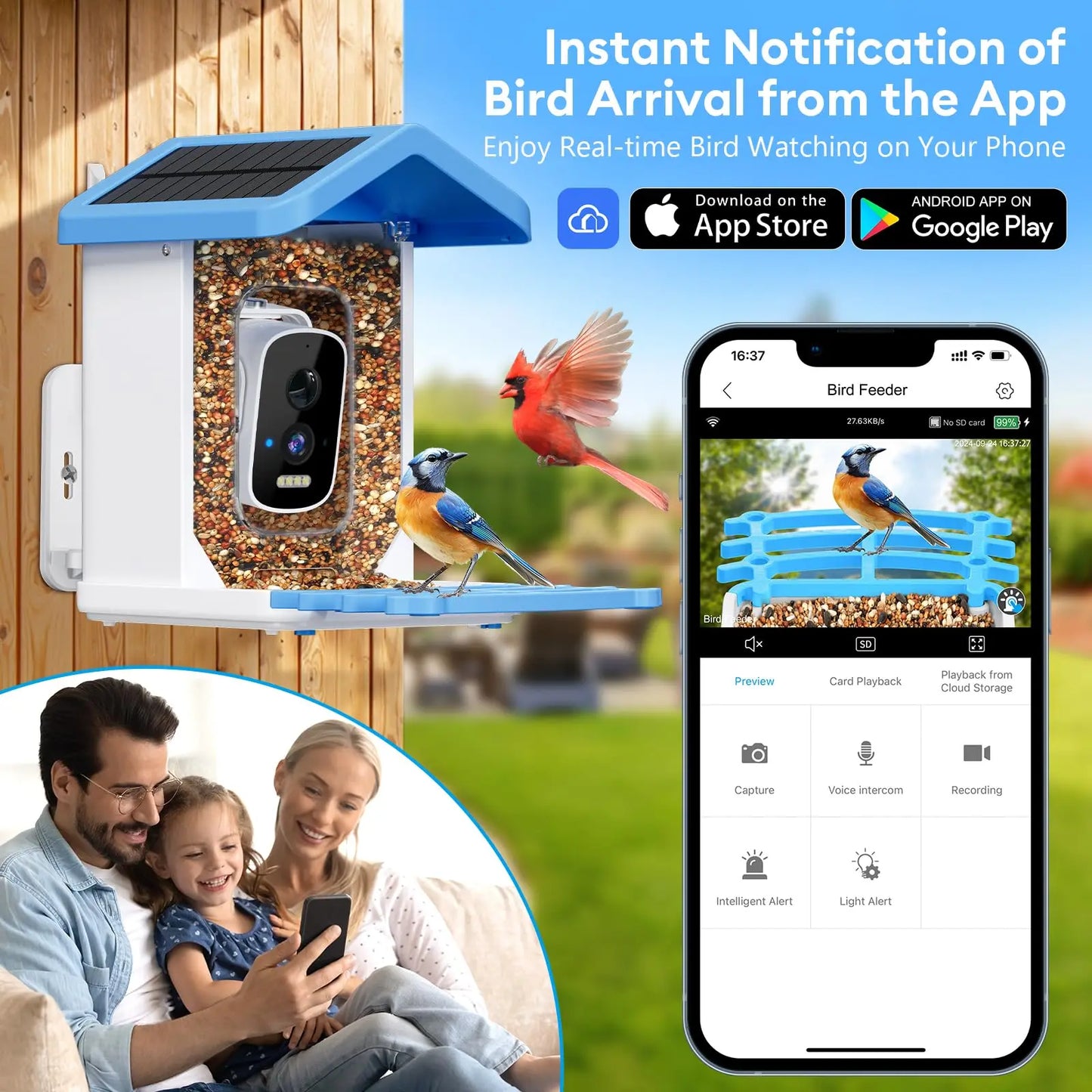 Solar Bird Smart Feeder AI Camera 5.0Megapixel Low Power Night Vision IP66 Waterproof WIFI 1.5L Capacity Feeder Camera Gift Box