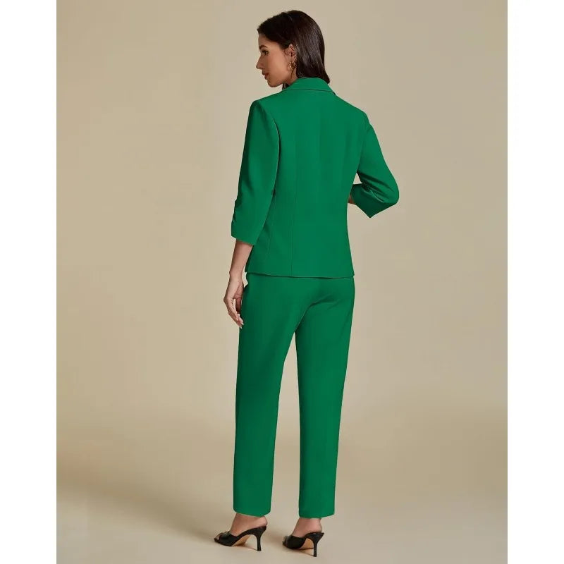 Pant Suits for Women Dressy 2 Piece Business Casual Outfits 3/4 Sleeve Blazer Straight Leg Pant Sets Office Work