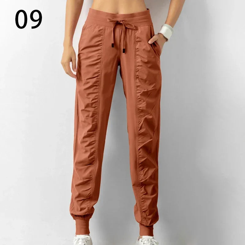Sweatpants Fabric Drawstring Running Sport Joggers Women Quick Dry Athletic Gym Fitness with Two Side Pockets Exercise Pants