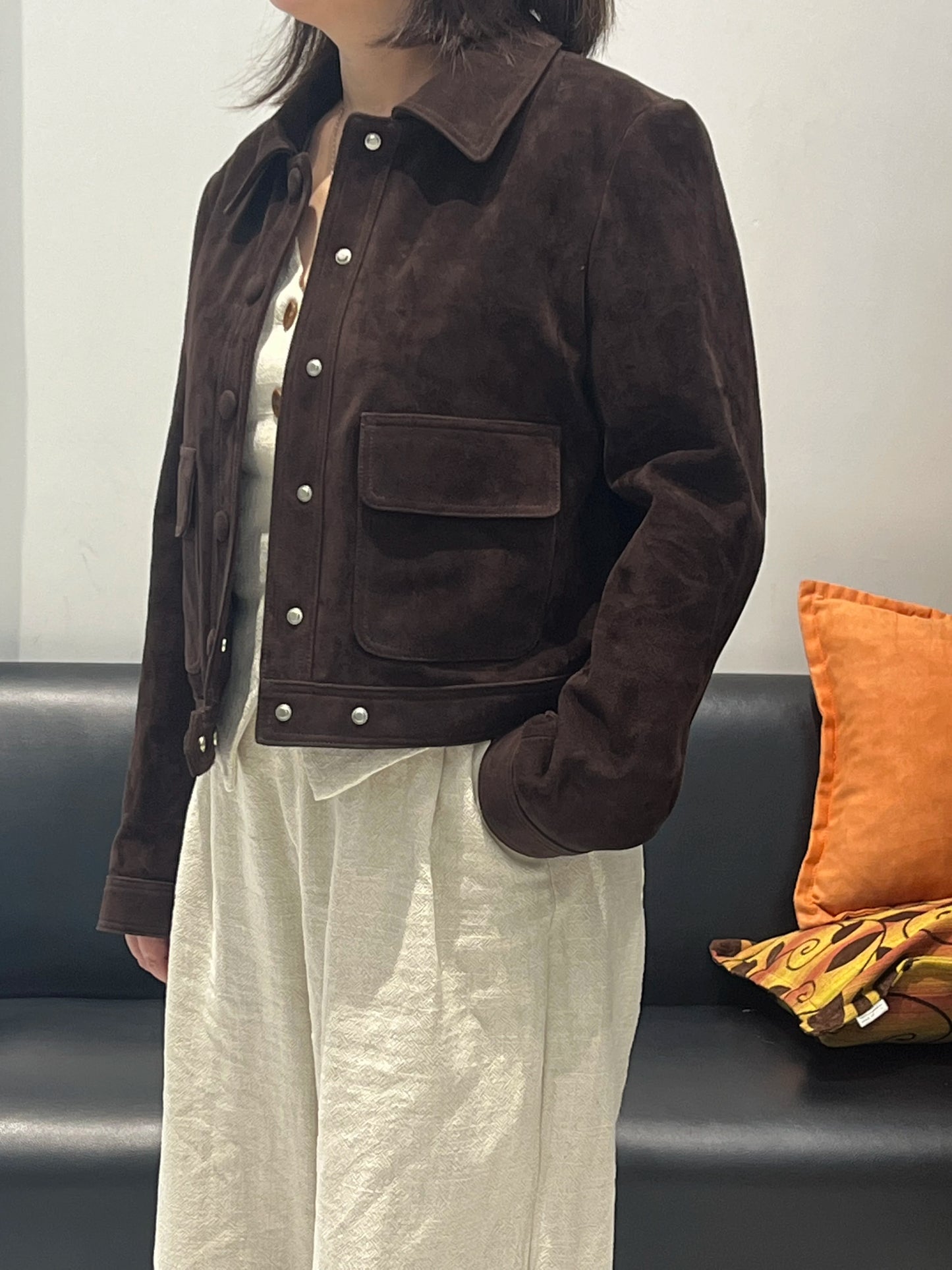 Winter Woman Clothing Old Money Style Retro Chocolate Brown Kid Suede Genuine Leather Jacket Streetwear Collar Slim Short Coat