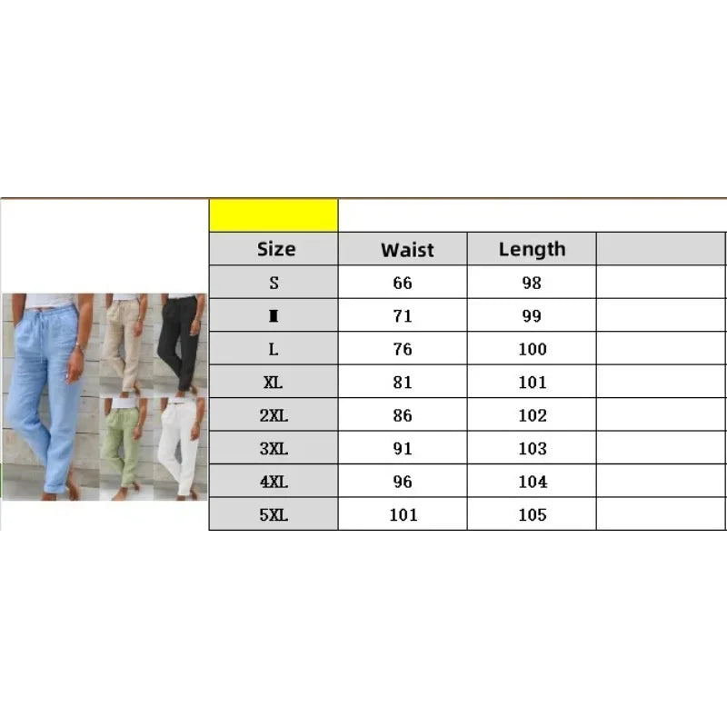 Cotton Linen Pants For Women Fashion Streetwear Elegant Summer Casual Solid Color Trousers High Waist Elastic Straight Pants