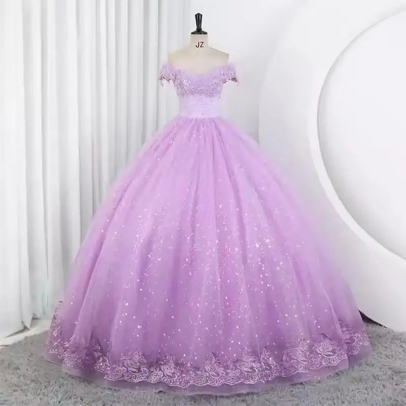 Shiny Wedding Gowns Sweet Boat Neck Wedding Party Ball Gown Off Shoulder Wedding Dresses Customized For Women
