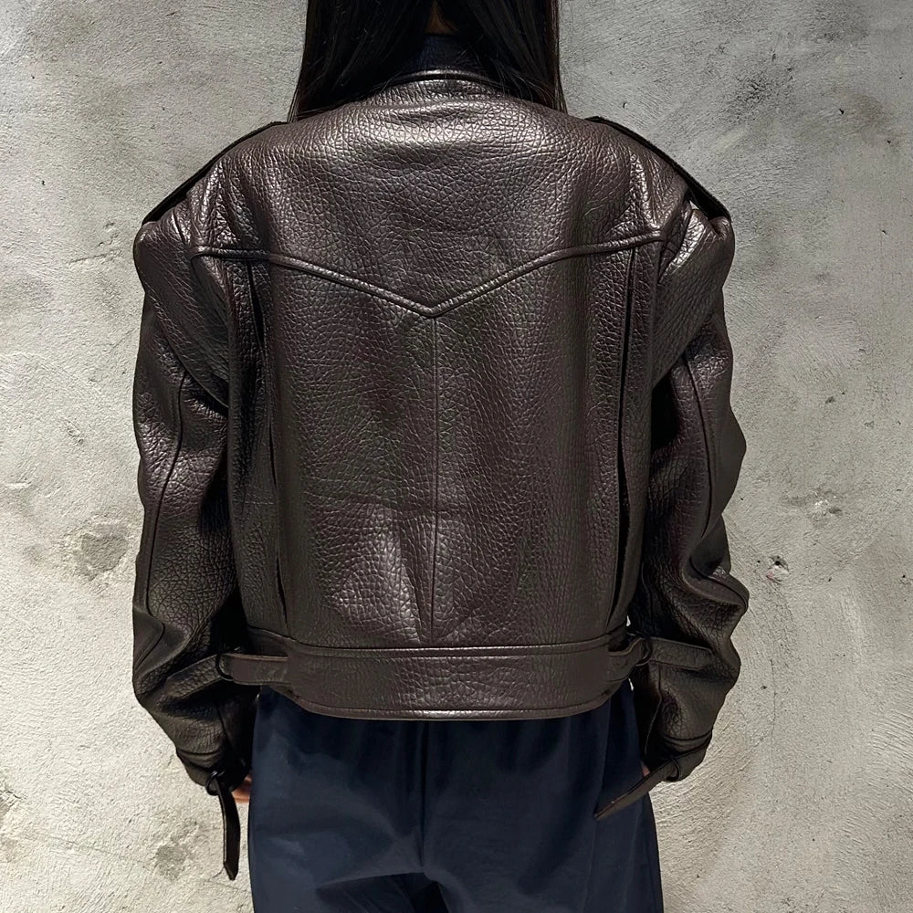 Grained Vintage Leather Jacket Women High Quality Genuine Sheep Leather Coat 2025