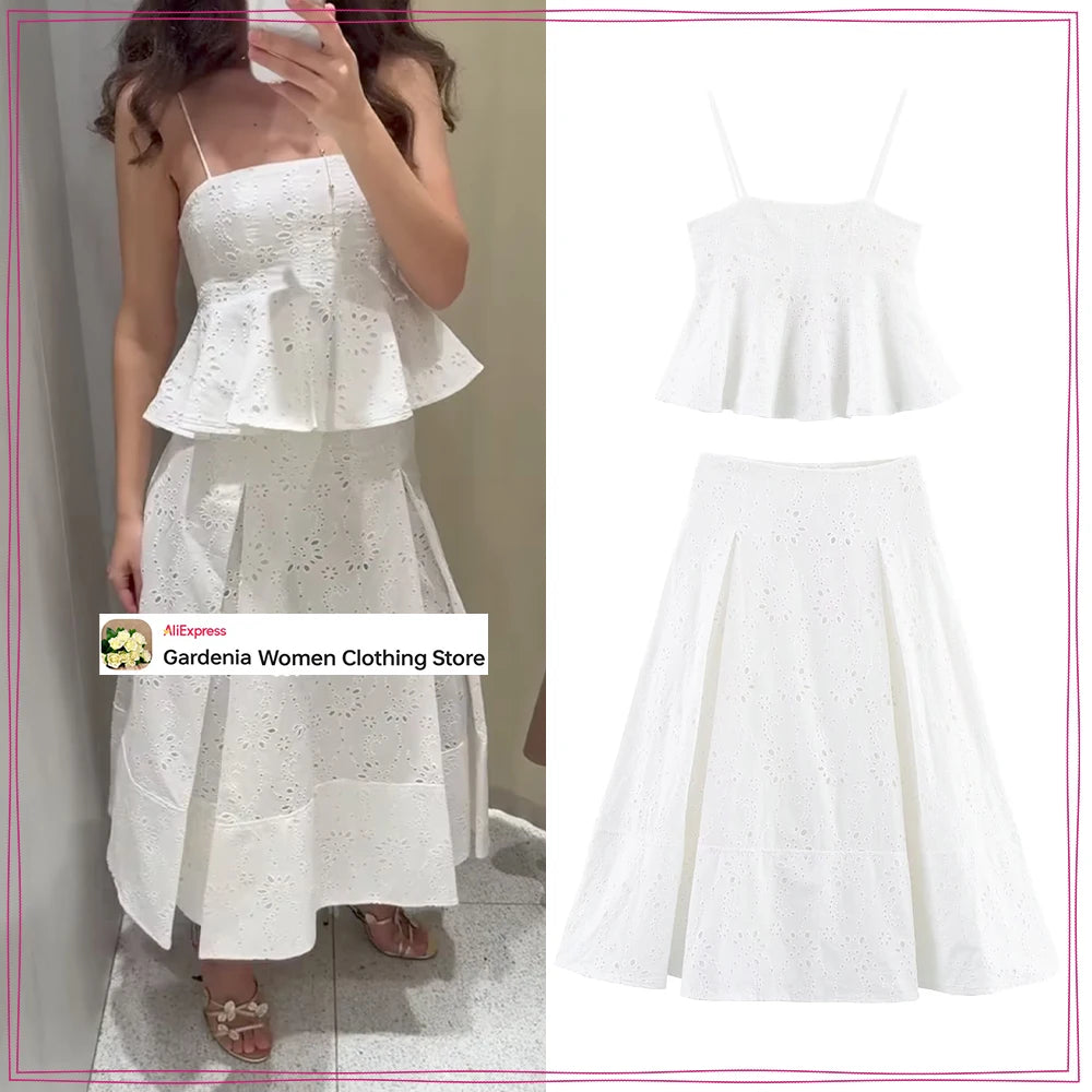 Women Summer Vacation Co Ord Outfits Elegant White Embroidered 2 Piece Set Cropped Top with Thin Straps Matching Cape Midi Skirt