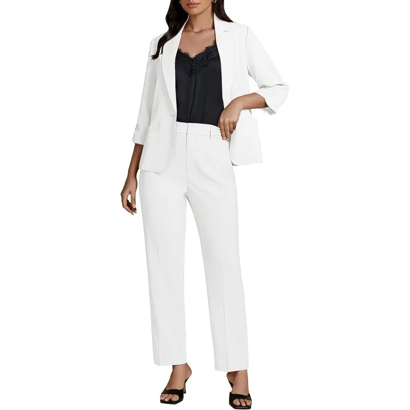 Pant Suits for Women Dressy 2 Piece Business Casual Outfits 3/4 Sleeve Blazer Straight Leg Pant Sets Office Work