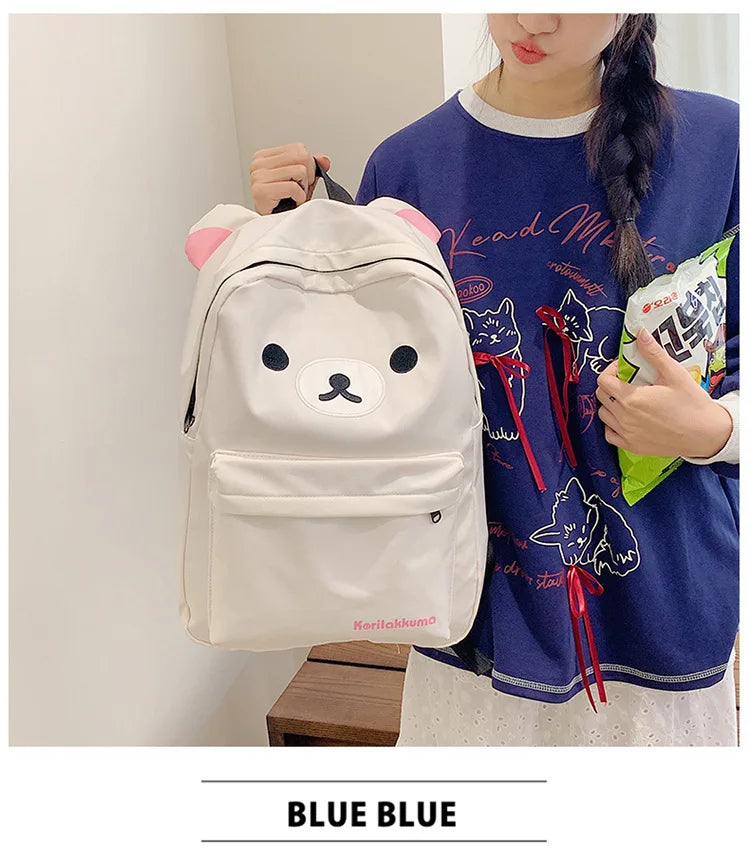 Rilakkuma Kawaii Cartoon Backpack Waterproof Nylon Large Capacity Embroidery School Bag For Young Adult Daily Travel Campus Work