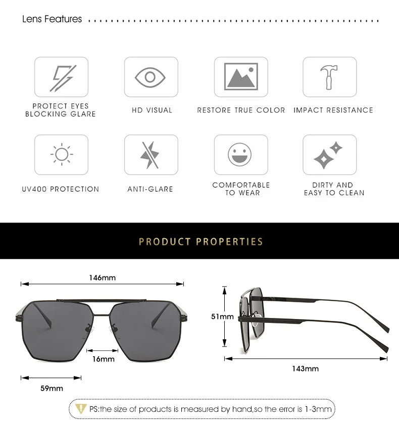 High Quality Square Polarized Sunglasses For Women Retro Oversized Double Bridge Sun Glasses Men Luxury Big Metal Goggle Shades