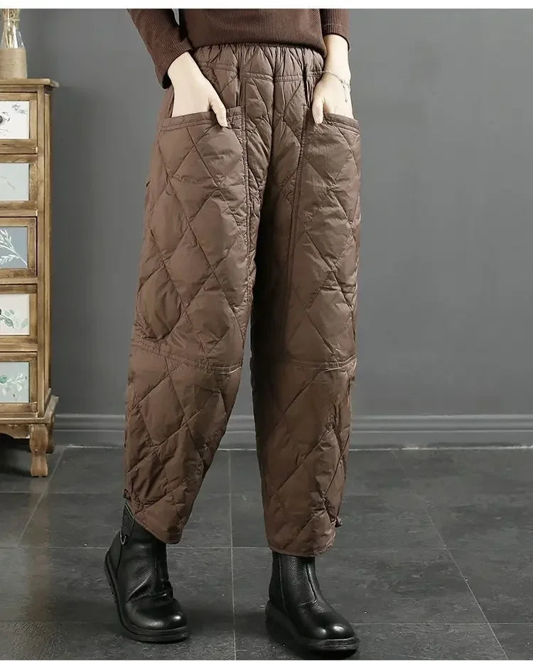 Vintage Quilted Pants Women Winter Warm Trouser Cotton-padded Pants Casual Design Pockets Elastic Waist Korean Chic Black Pants