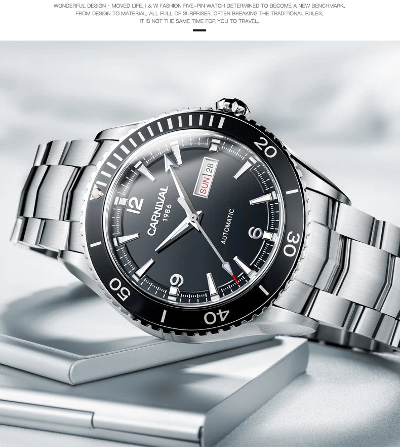 I&W Men Automatic Watch 41mm Mechanical Wristwatch 50M Waterproof Luminous Sapphire Mirror Dual Calendar Week Date