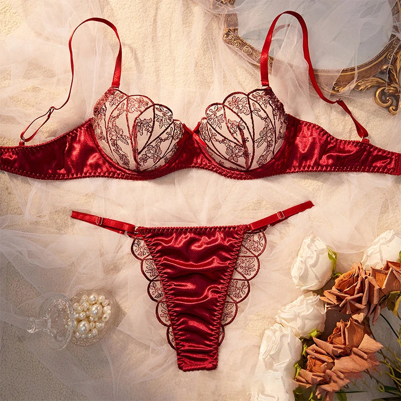 Lingerie Ultra Sexy Mesh Splicing Female Underwear Romantic Erotic Lingerie Luxury Intimate Sexy Adult Burgundy Bra Panties Sets