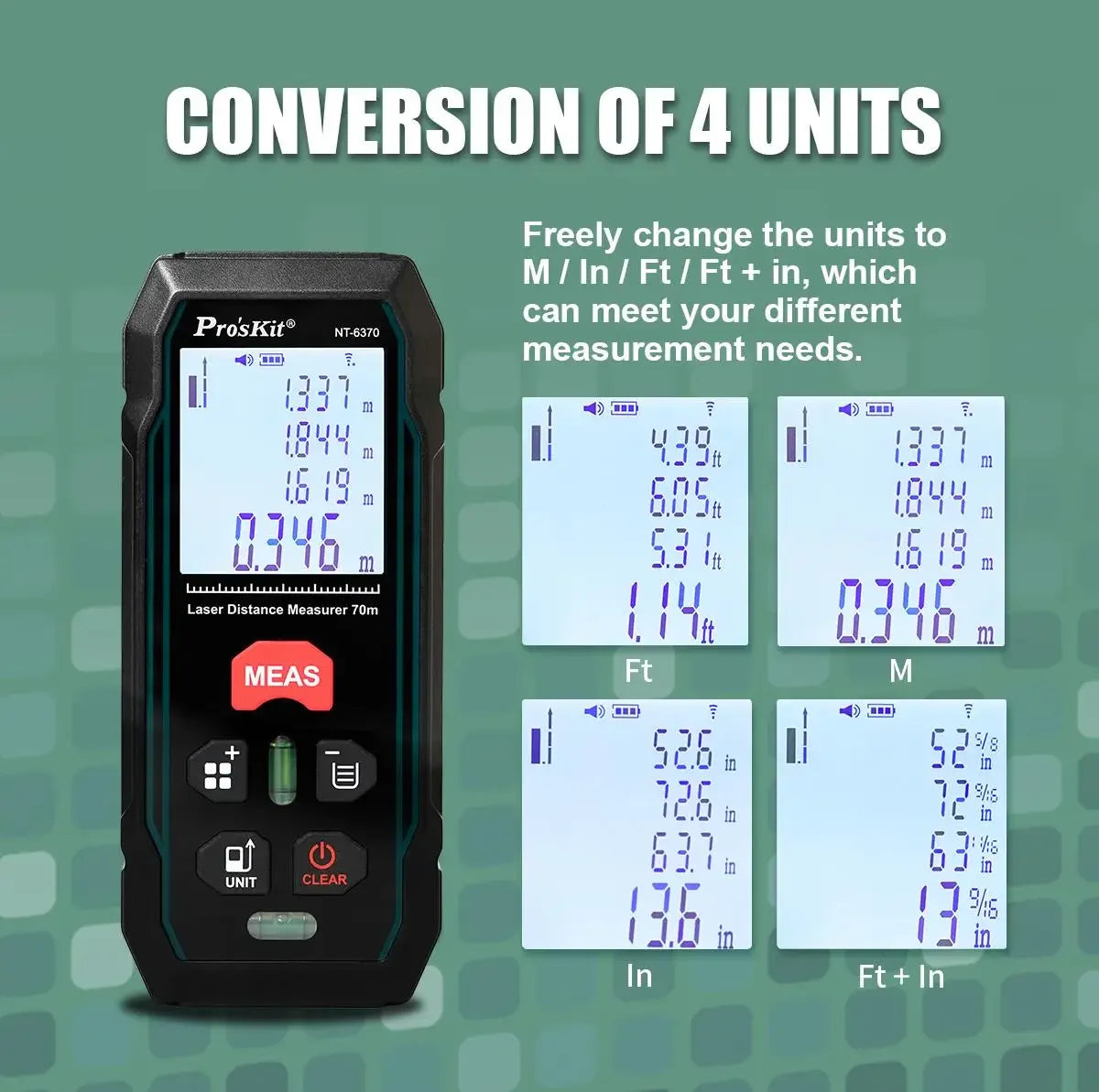 Pro'skit NT-6370 Laser Rangefinder 70M Handheld Laser Distance Meter Digital Range Finder Tape Measure 0.3 Second Flash Test