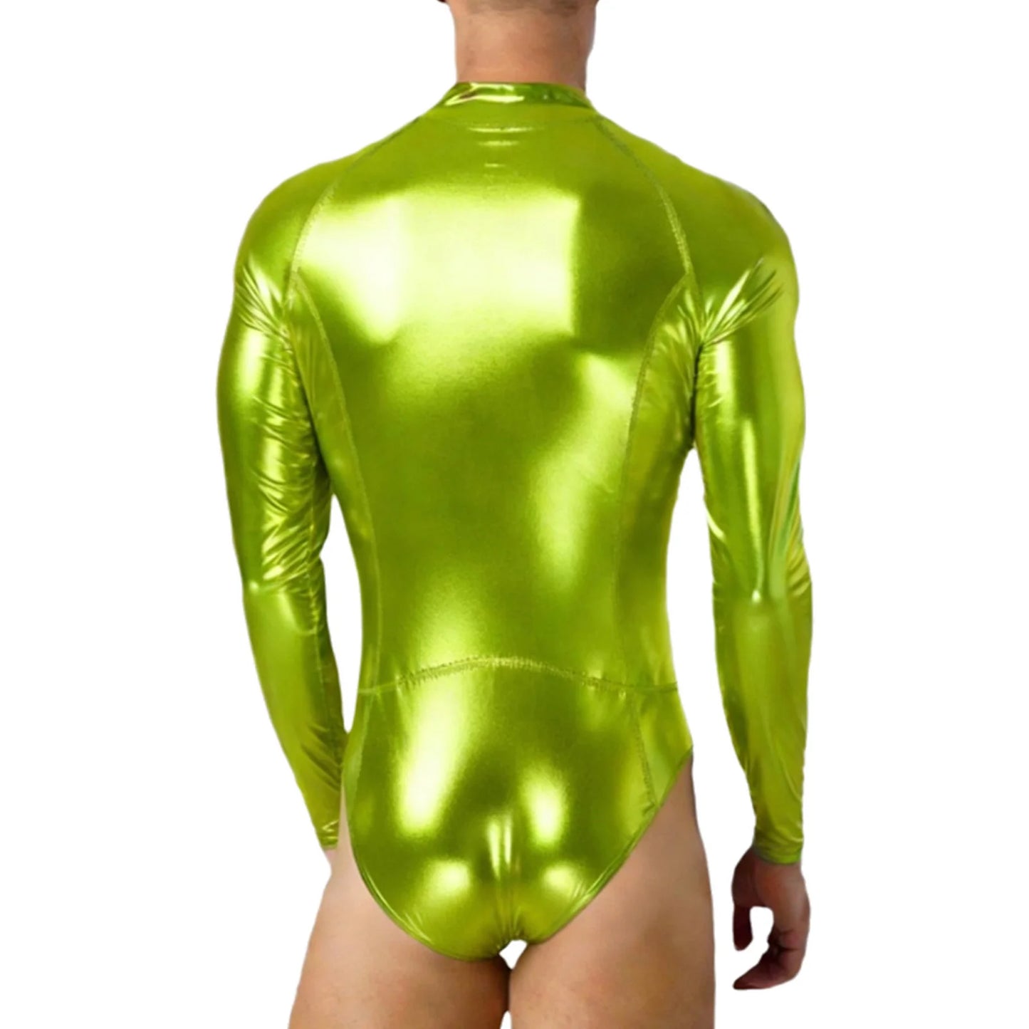 Mens Bathing Suits Swimsuits Metallic Shiny Bodysuit Long Sleeve One-piece for Nightclub Jazz Dance Beach Gymnastics Leotard