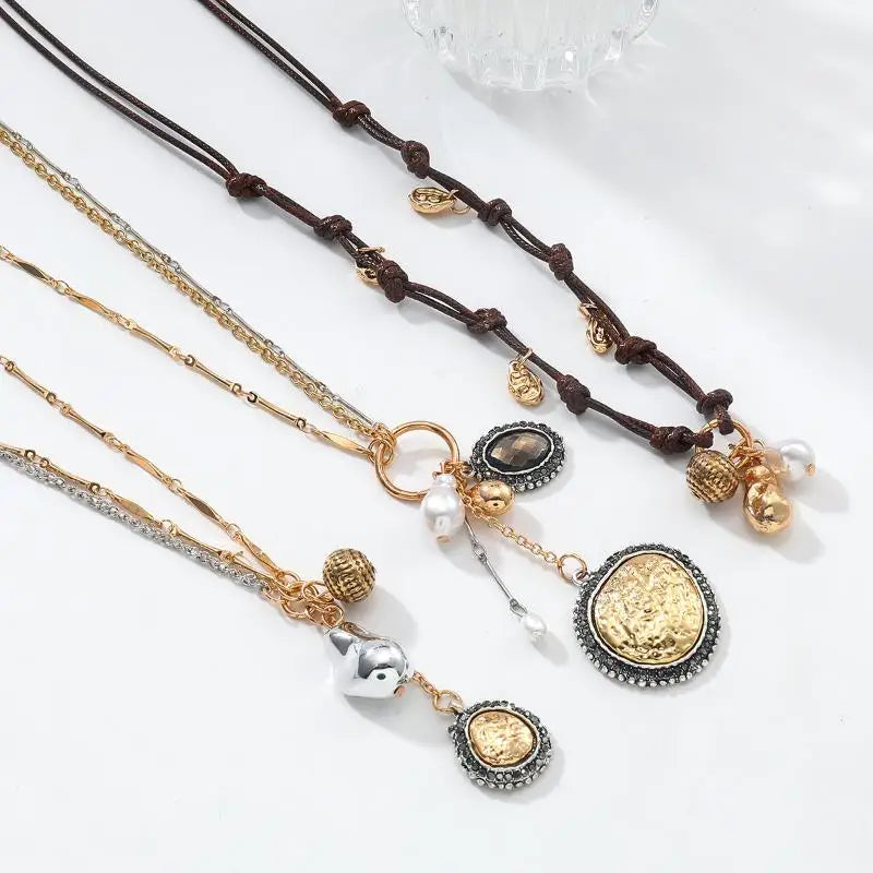 Stylish Women's Bohemian Necklace with Round Coin Badge Pendant; Multi-layer Rope Chain Party Accessory.