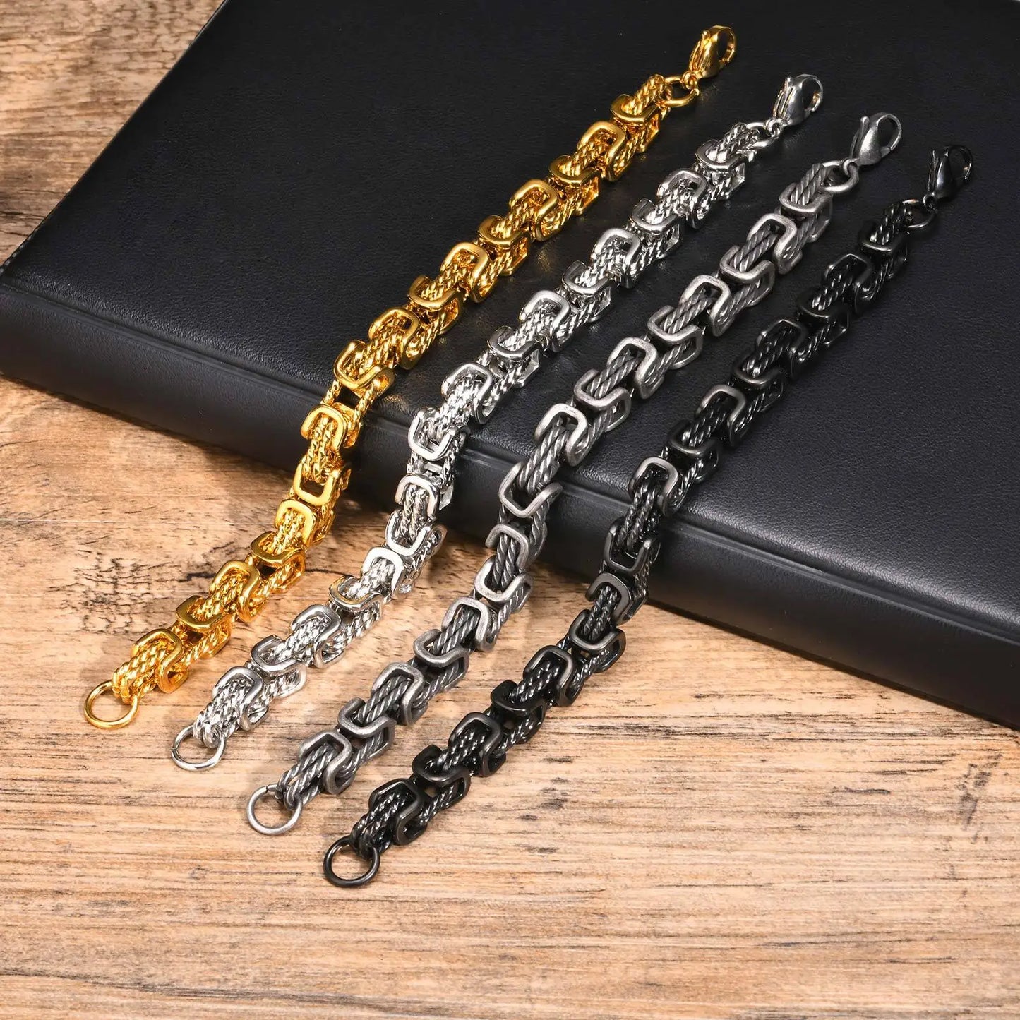 Mens Chunky Byzantine Bracelets,Retro Grey 8mm Stainless Steel Braided Link Wristband,Vintage Jewelry Gift for Him Boy