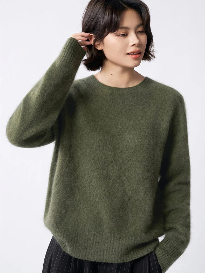SuyaDream, Women Fleece Pullovers, V Neck, 3.8%Cashmere 96.2%Wool, Chic Warm Sweaters, 2025 Fall Winter Solid Top, Camel, Olive