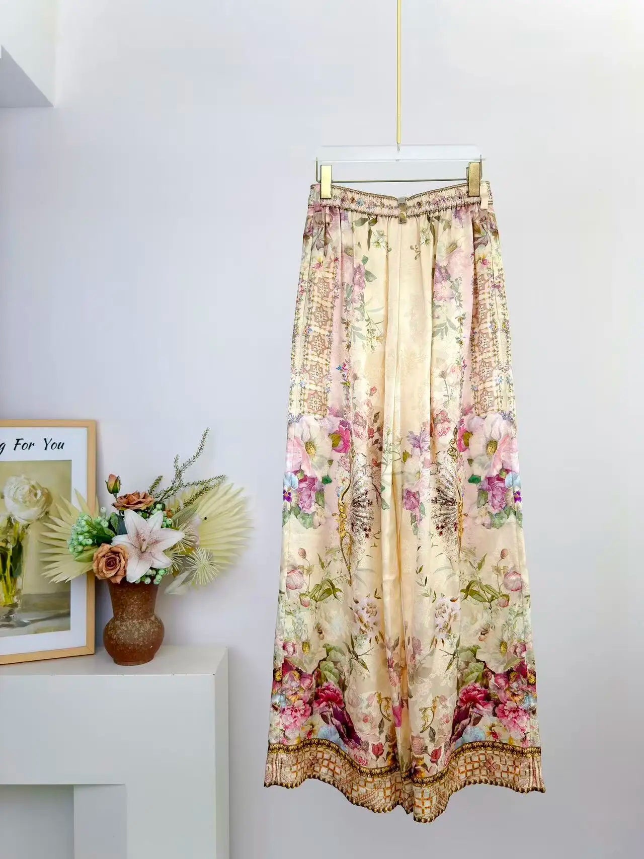 Women Silk Flower Printed Long Dress Heavy Beaded V-Neck Lantern Sleeve Loose Female dress