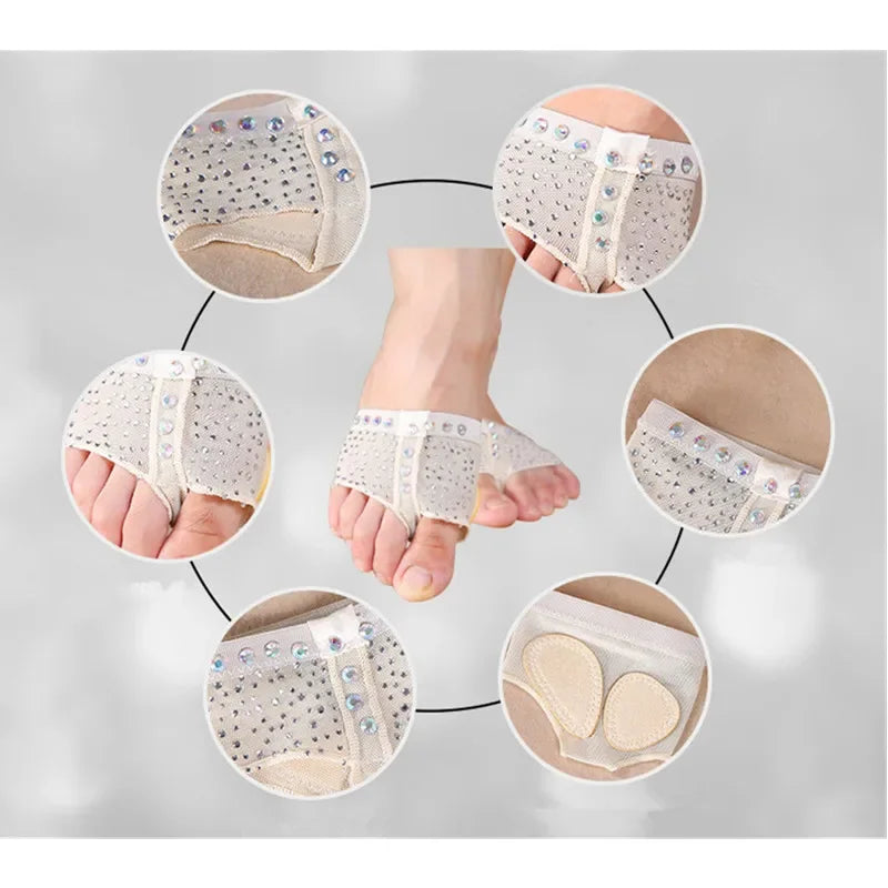 Professional Belly Ballet Dance Foot Thong ToePad Practice Shoes Metatarsal Forefoot Half Lyrical Protection Rhinestone Footwear