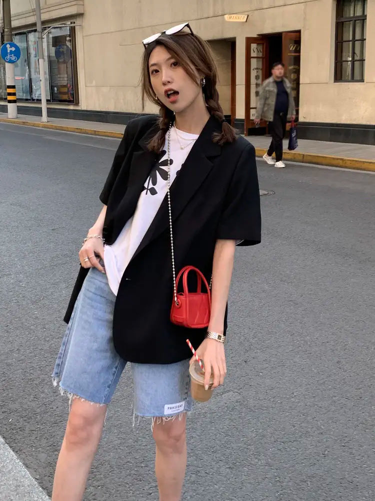 Pant Suits 2025 Spring and Summer Thin Casual Loose Short Sleeved Suit Jacket Women Suit Two-piece Set