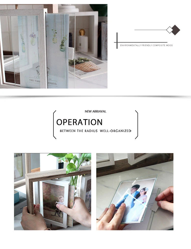 Picture Frames 4x6 Rotating Family Photo Frame,Office Desk Decor Wedding Gift, Floating Double-Sided Glass Tabletop Standing