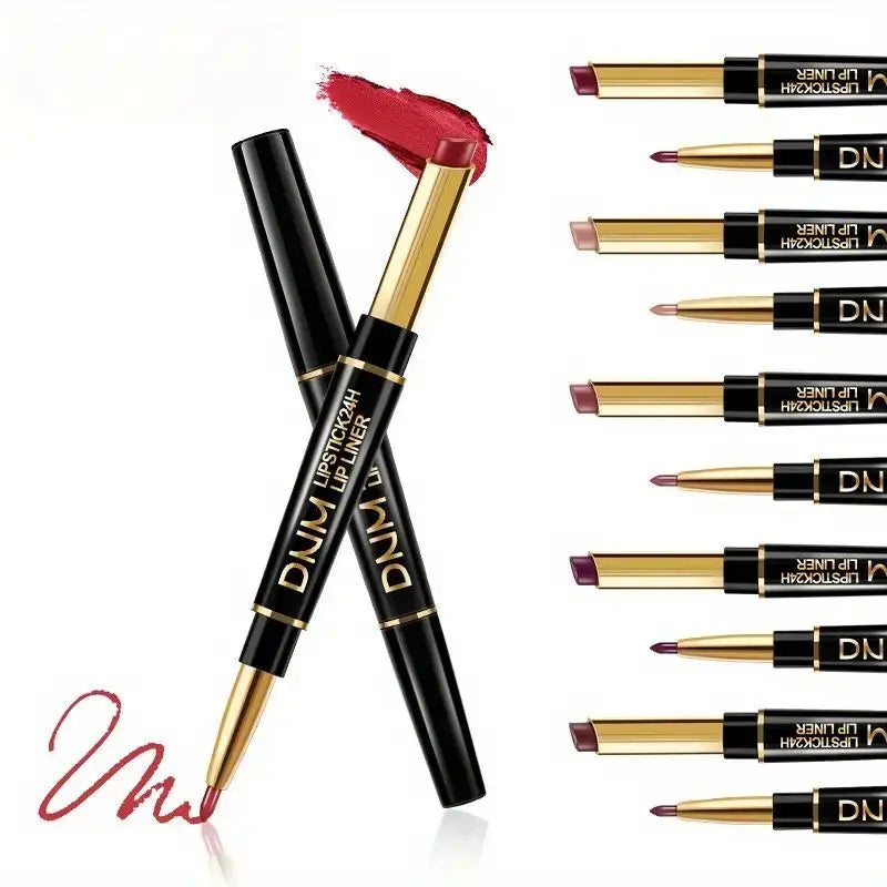 12 Colors Double-Ended Lipstick & Lip Liner Pencil，Waterproof, Non-Stick, Long Lasting,Make Natural Makeup Effect for All Skin