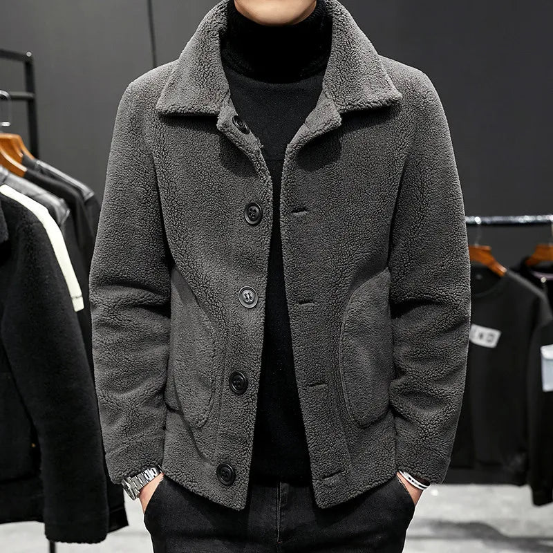 Winter Men's Warm Double sided Jackets Granular Wool Fashion Turn Down Collar Casual Outwear Coats Men Fleece Jacket Plus Size