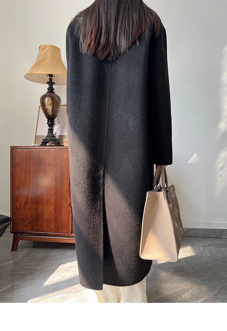 Office Lady Woolen Jackets 2024 Autumn And Winter Suit Collar Double Breasted Warmer Yak Hair Loose Long Women's Wool Coats