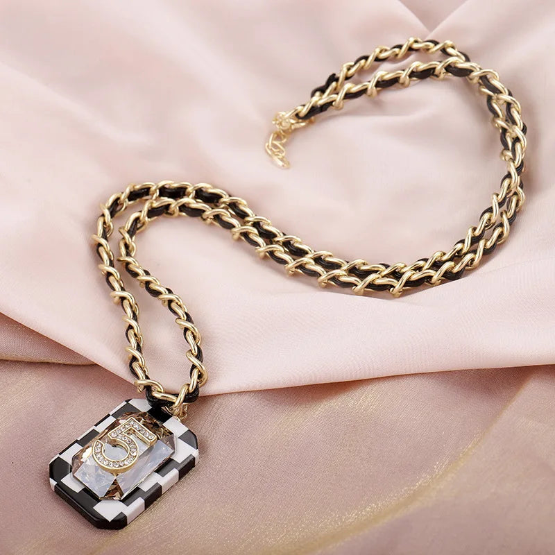 Long Necklace for Women number 5 Character Chain Sweater Chain Leather woven chain Luxury jewelry
